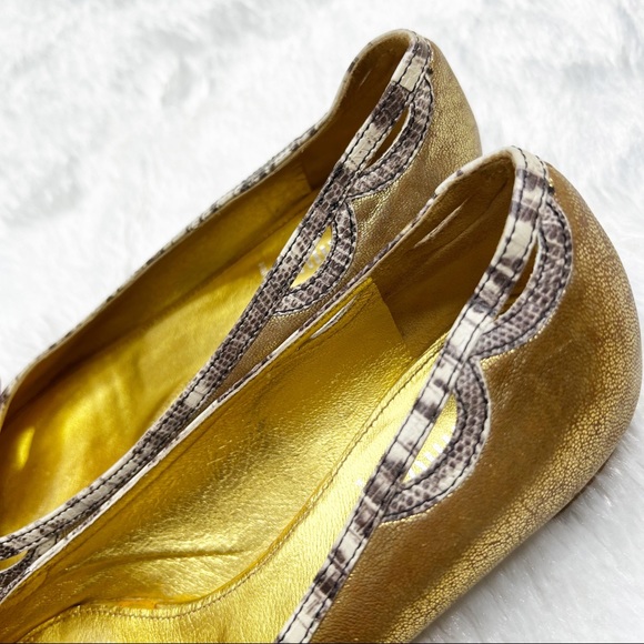 Miu Miu Gold Metallic Leather Pointed Toe Ballet Flats Snake Print Trim 38.5 - Picture 9 of 15